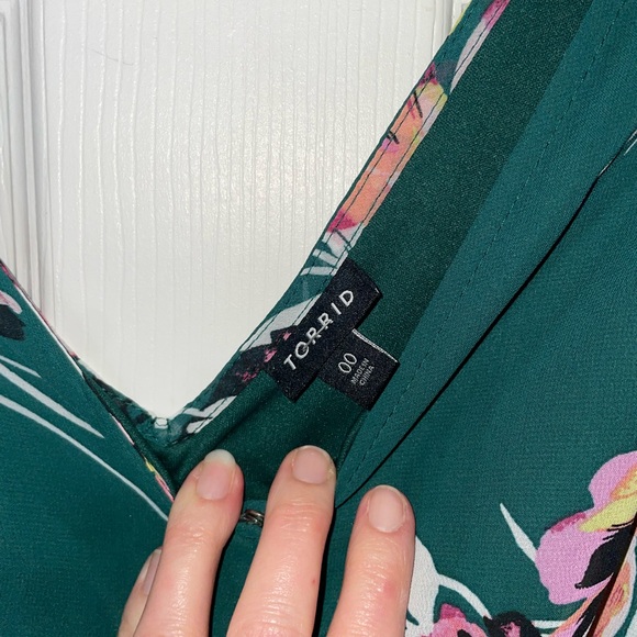 Torrid Teal Floral V Nevk Tie Waist Midi Dress 00 - Picture 3 of 3